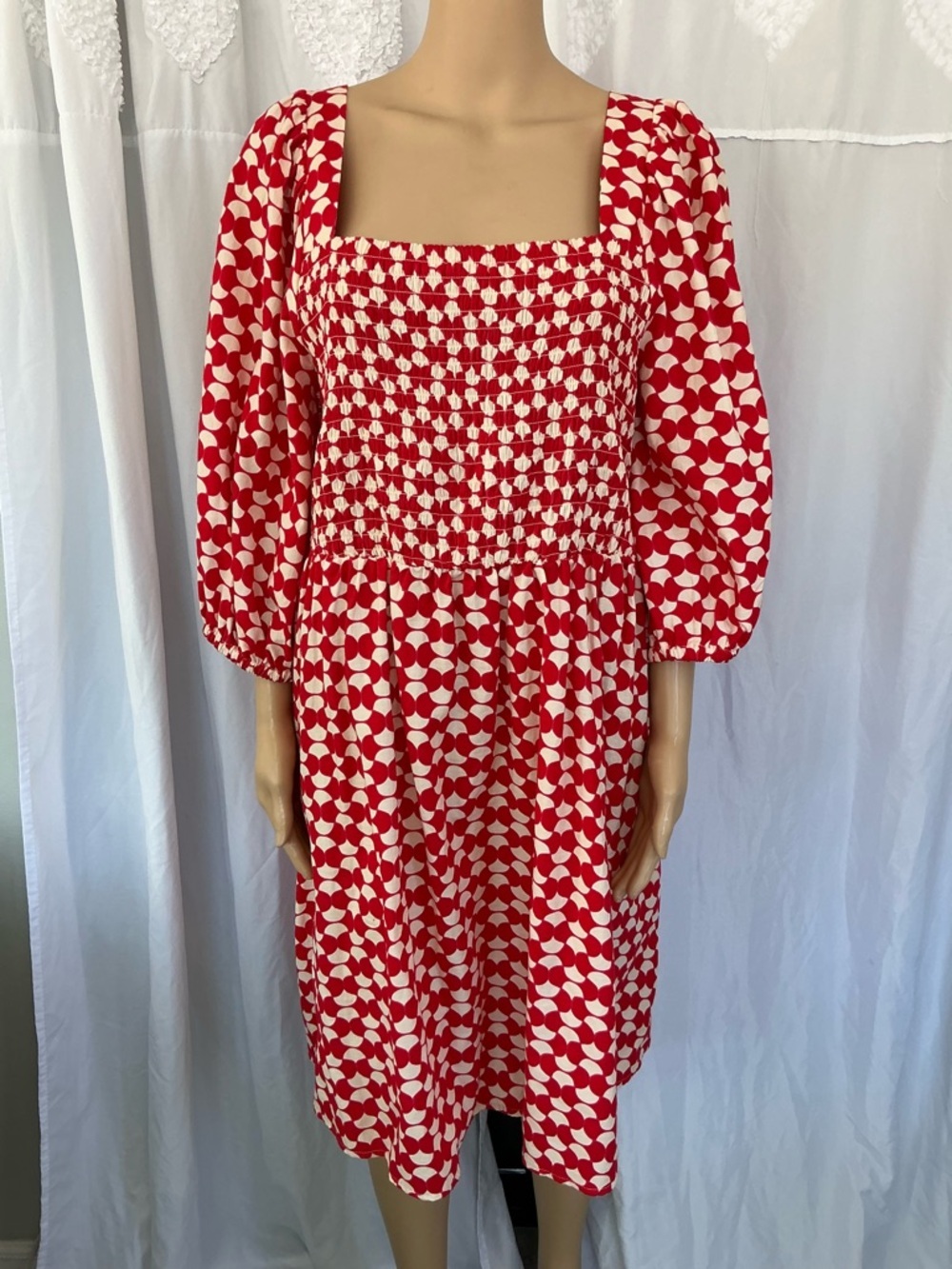 Ava & Viv Red Smocked Square-Neck Midi Summer Beach Red/White Dress 100%Cotton - Picture 7 of 13